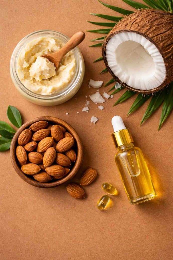 Ingrédients naturels beurre de karité huile de coco huile amande douce — Formule KARE